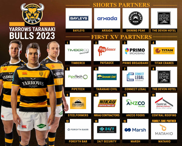 2023 Yarrows Taranaki Bulls Shorts, Family Zone & First XV Partners announced