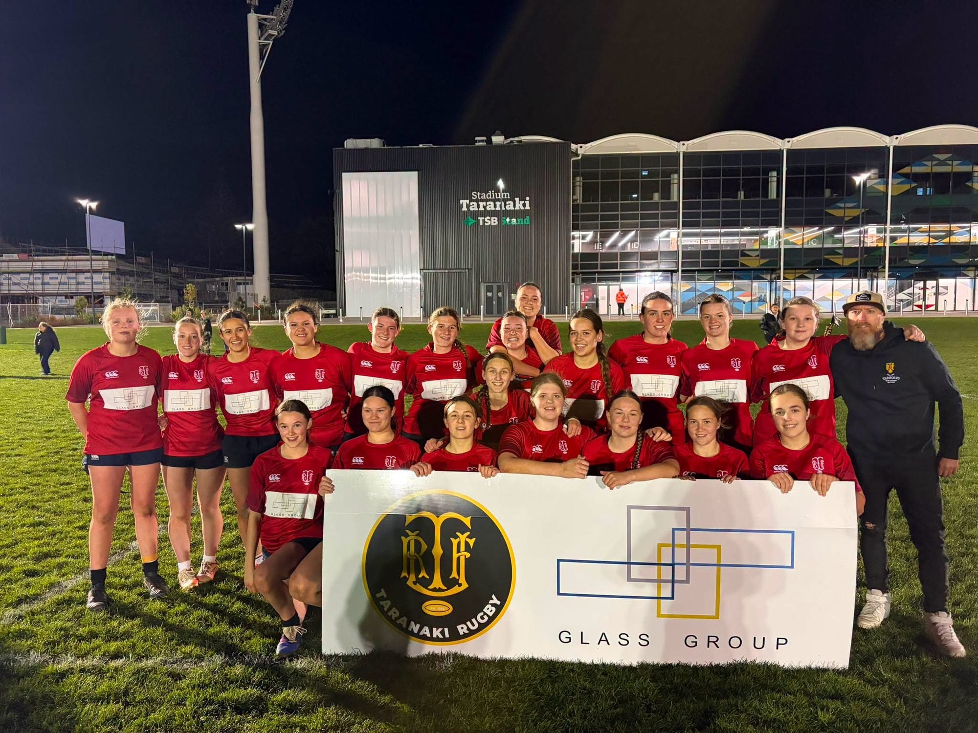 The Central squad after winning game one of the Glass Group Kendra Cocksedge Tournament at Stadium Taranaki.